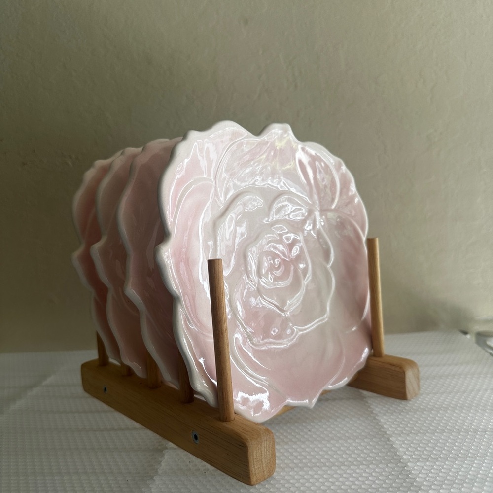 Set of 5 Pink Rose Shaped Ceramic Plates